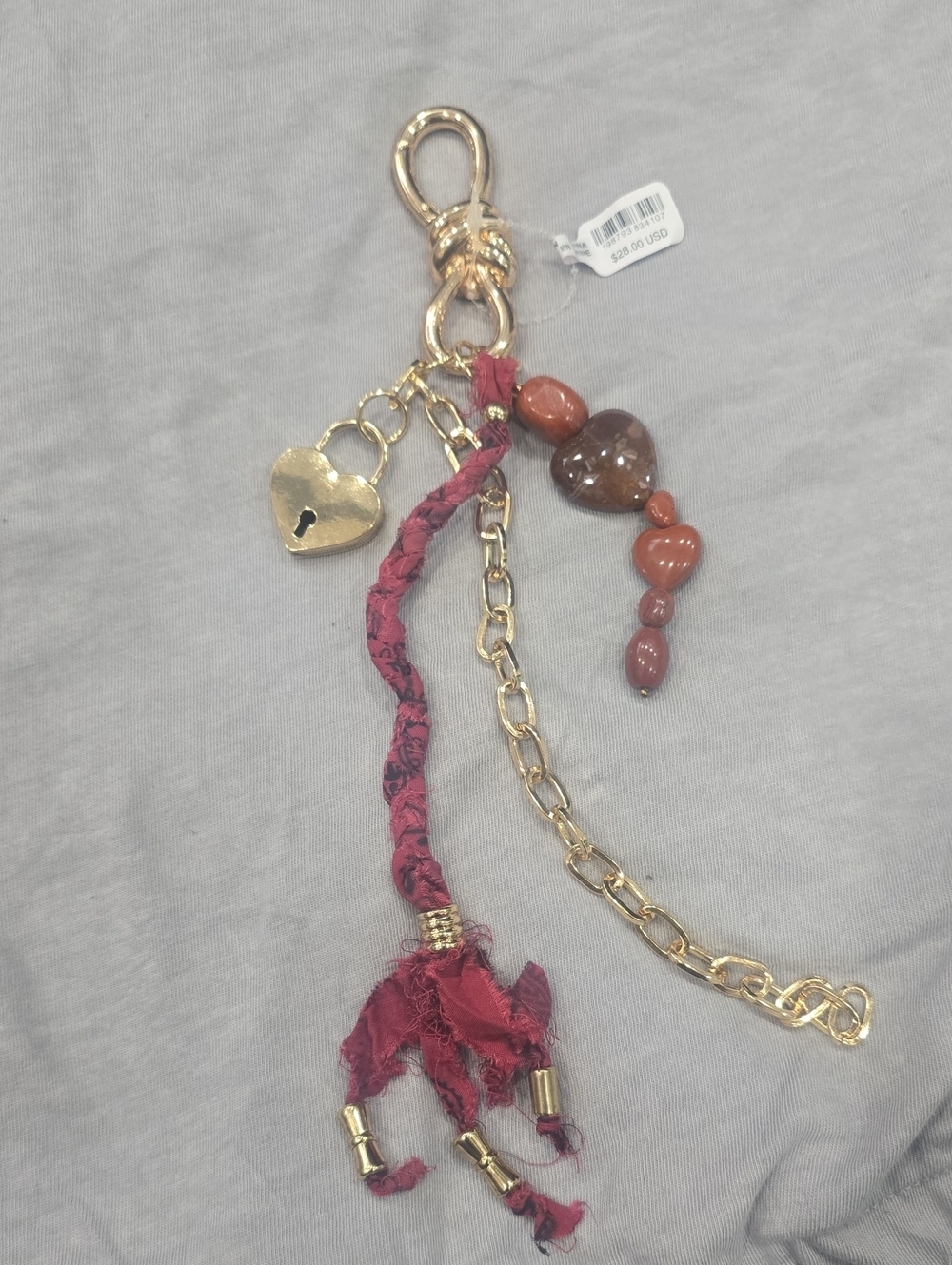 Gold Chain Tassel Bagcharm with Red Fabric & Heart Charms